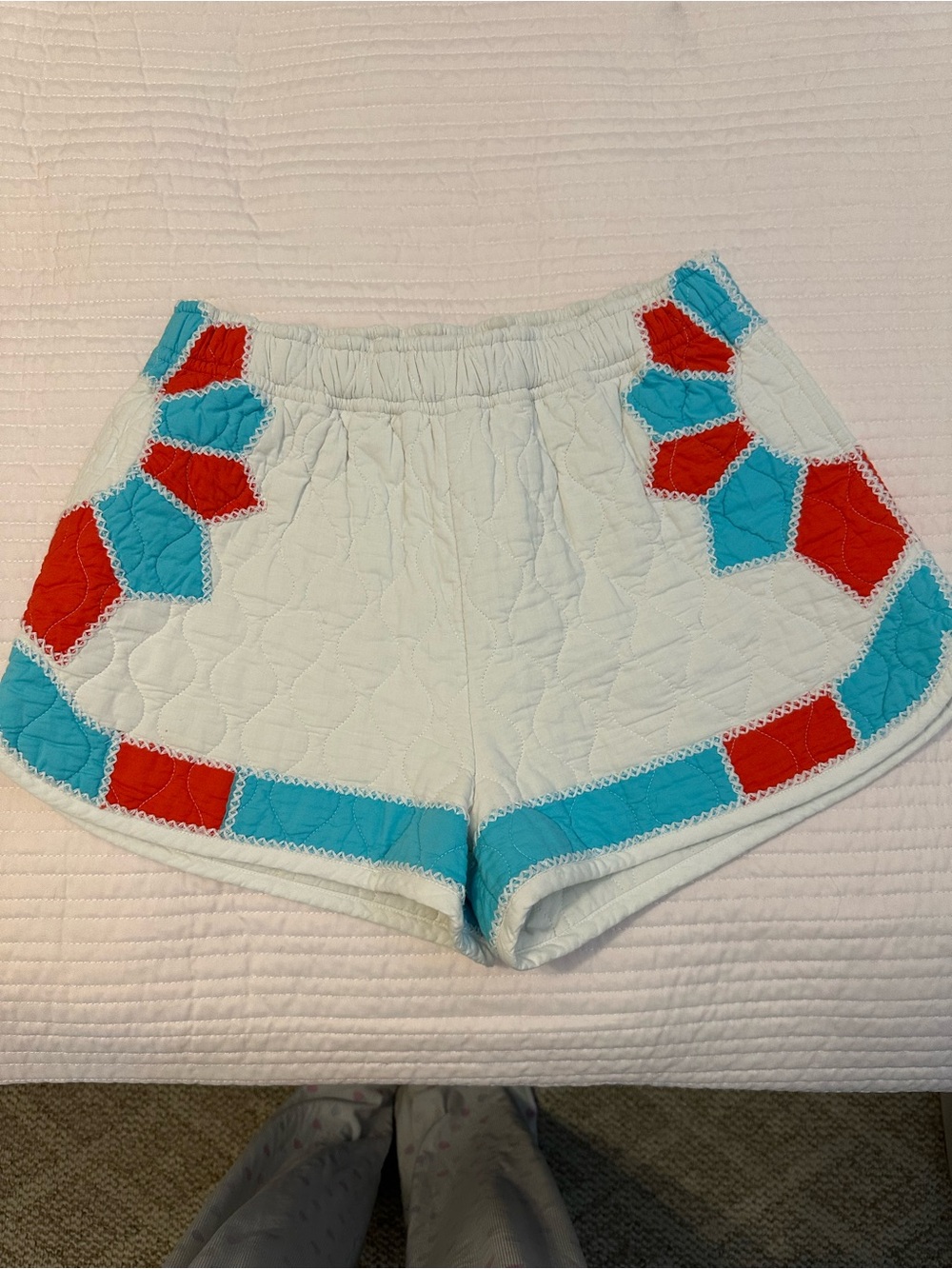 RHODE White Quilted Shorts with Red & Turquoise Patchwork